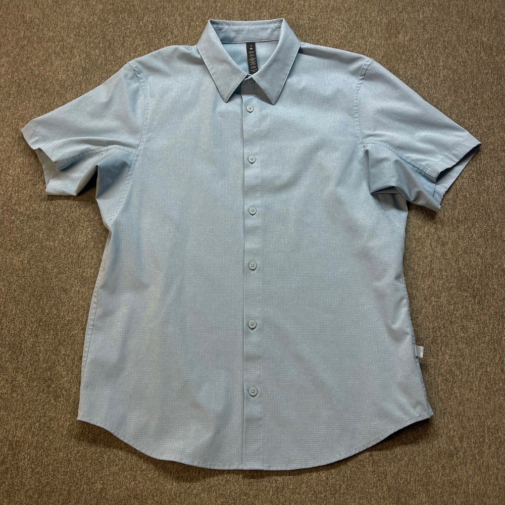 Lululemon Airing Easy Short Sleeve Button Down Shirt Medium Stretch Blue Grid